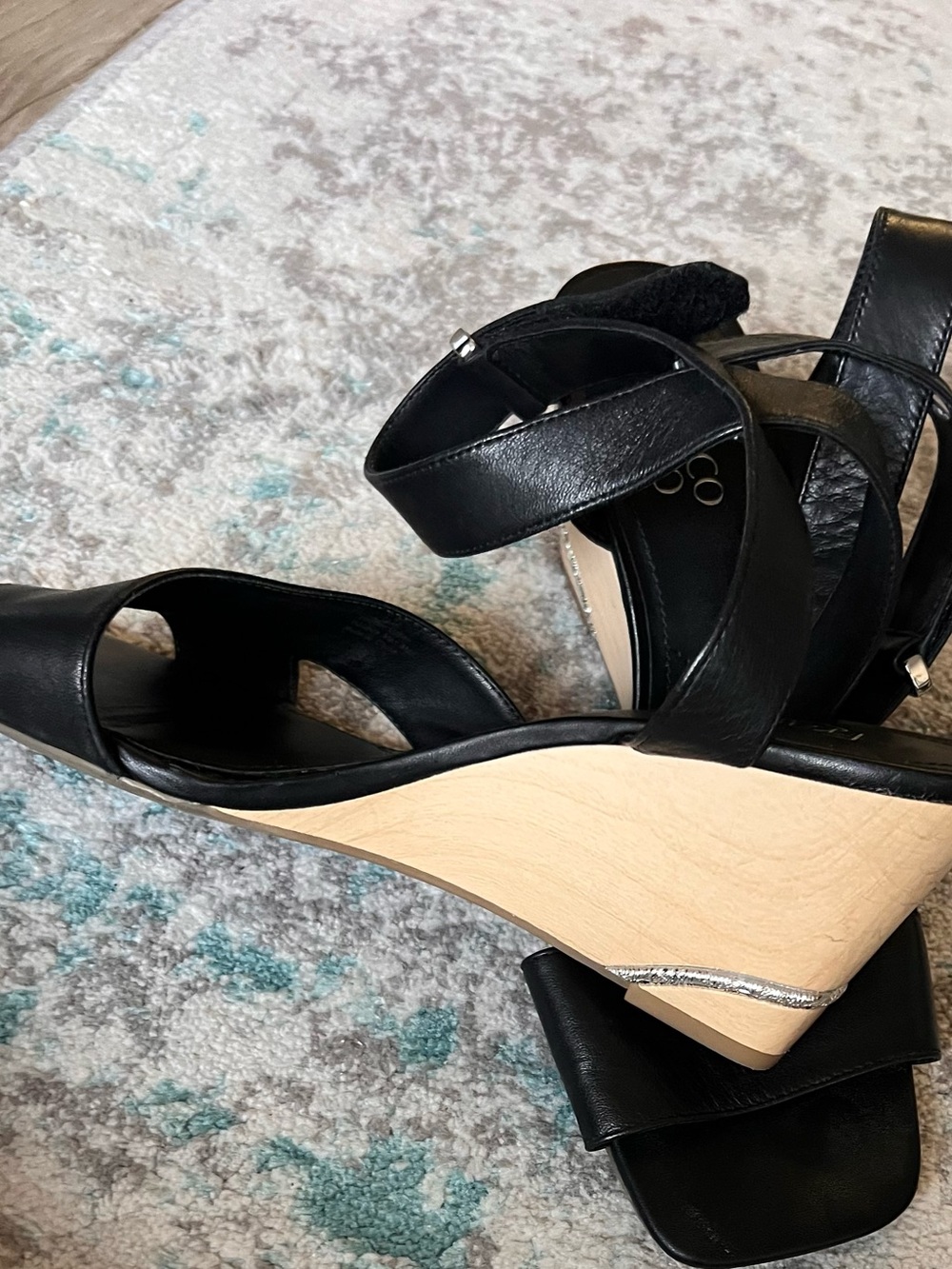 Franco Sarto Black ankle wrap wedge with silver accent : Sz 10 - Picture 2 of 7
